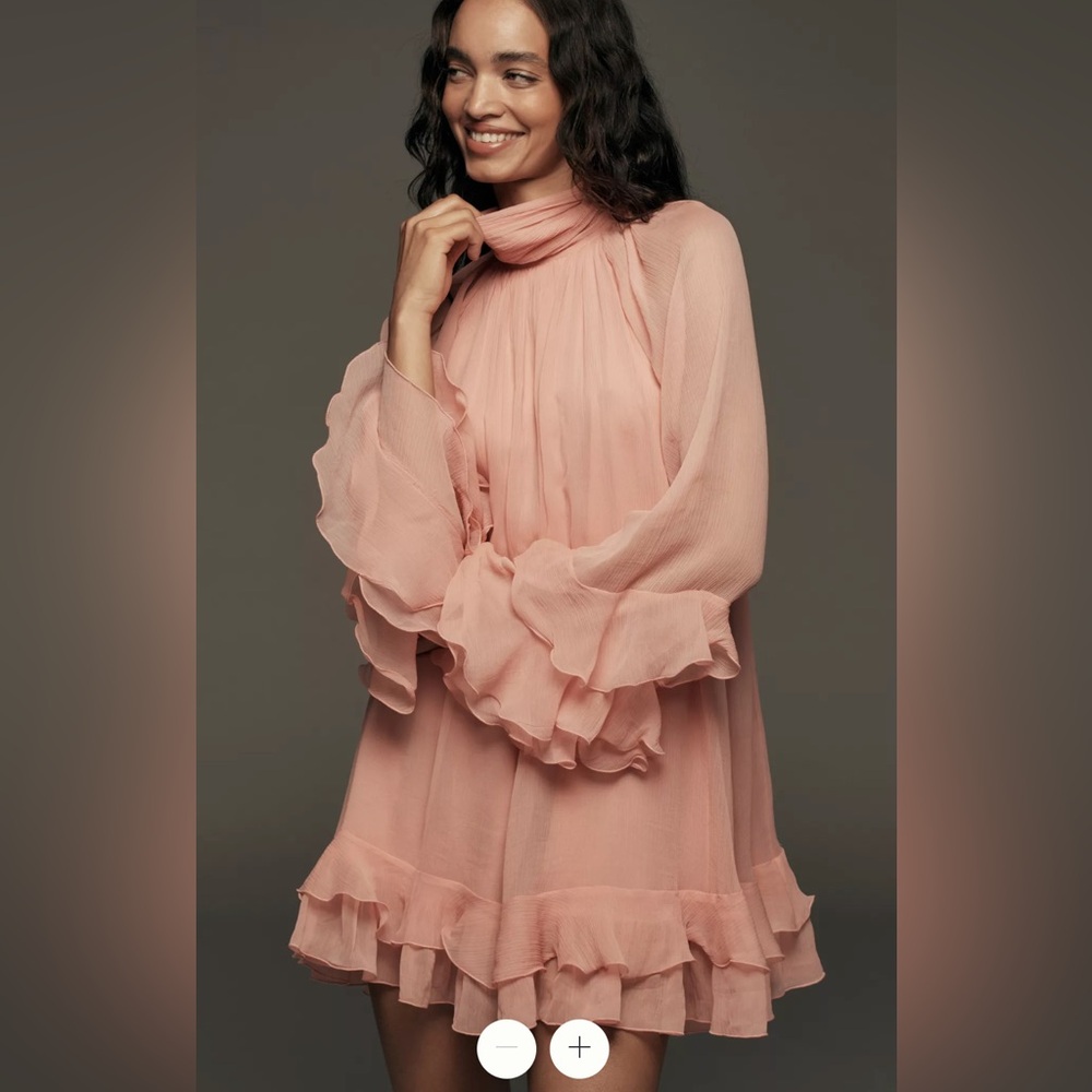 Elegant long-sleeve Pink Ruffled Mini Dress